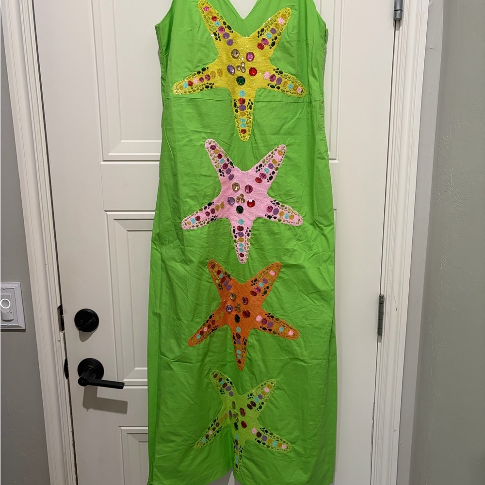 QUEEN OF SPARKLES Green Dress with Starfish Design